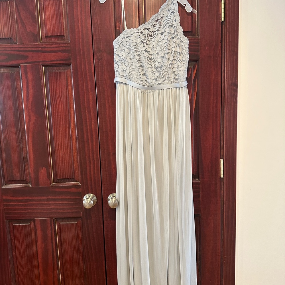 NWT, never worn Long one shoulder Mystic color dress by David’s Bridals size 14
